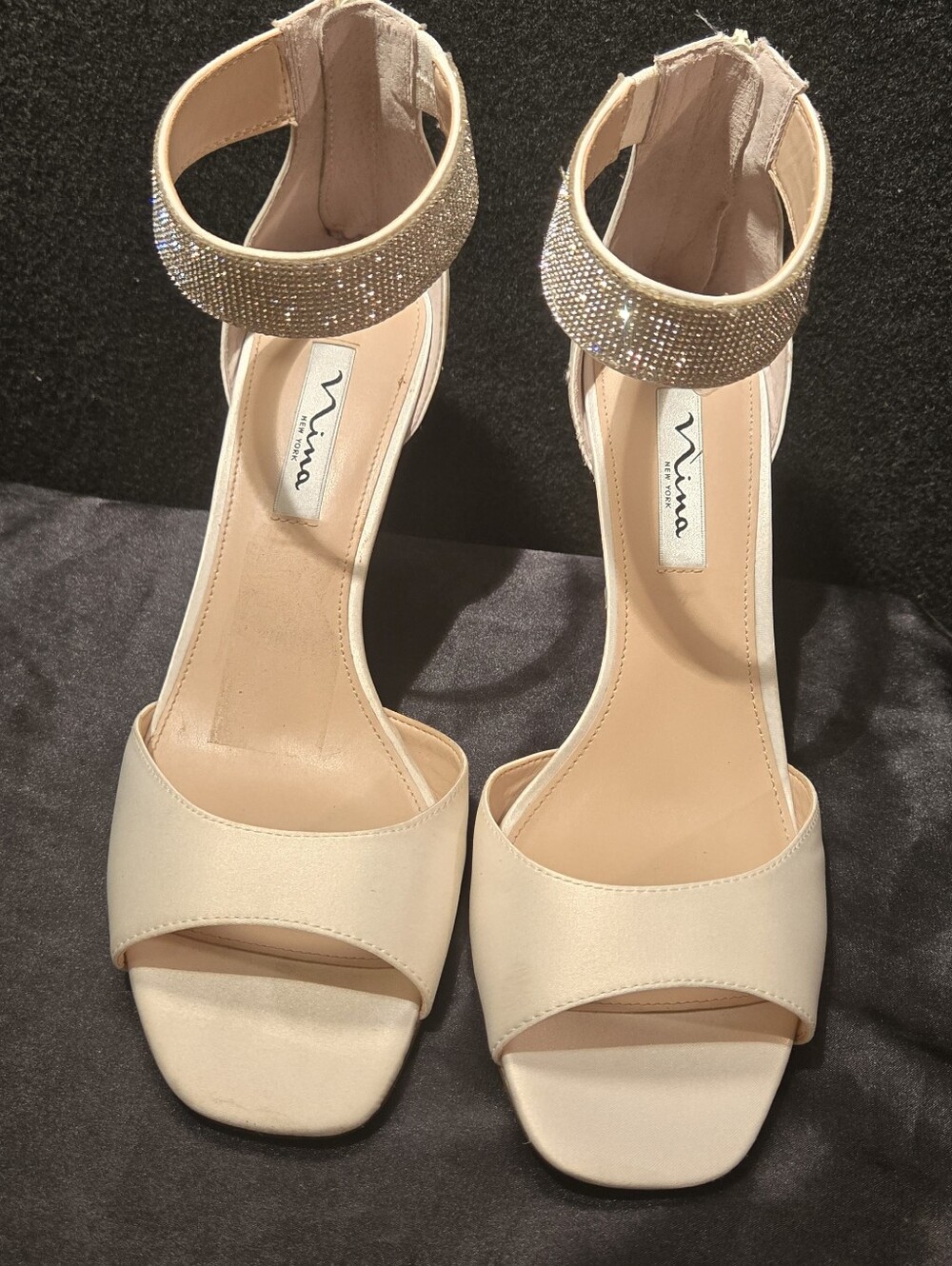 Nina Ivory Satin Open-Toe Ankle-Strap Heels with Rhinestone Band